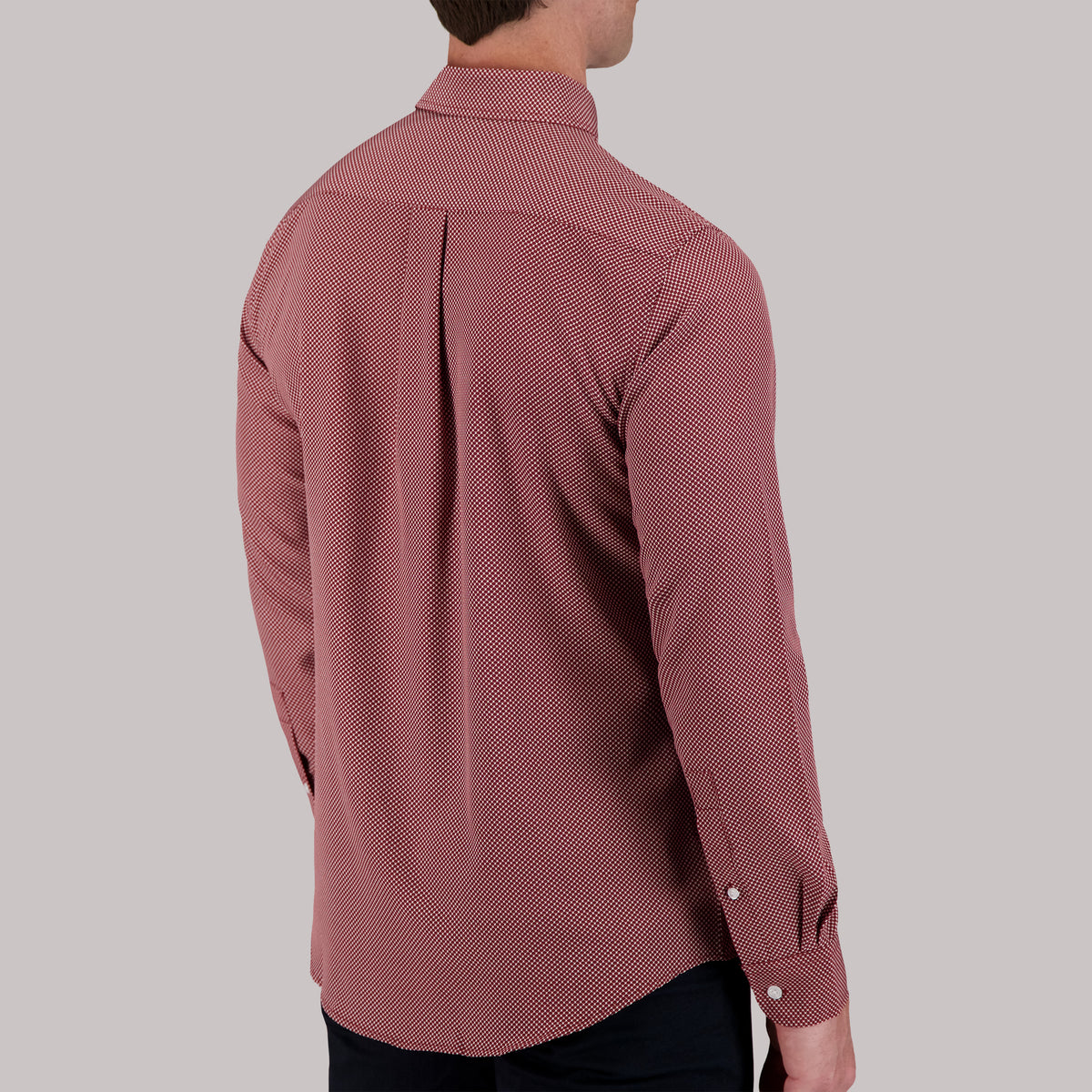 Model Back View of Long Sleeve 4-Way Sport Shirt with Geometric Print in Burgundy