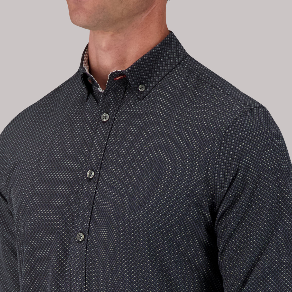Model Front Close Up View of Long Sleeve 4-Way Sport Shirt with Geo Dots Print in Black
