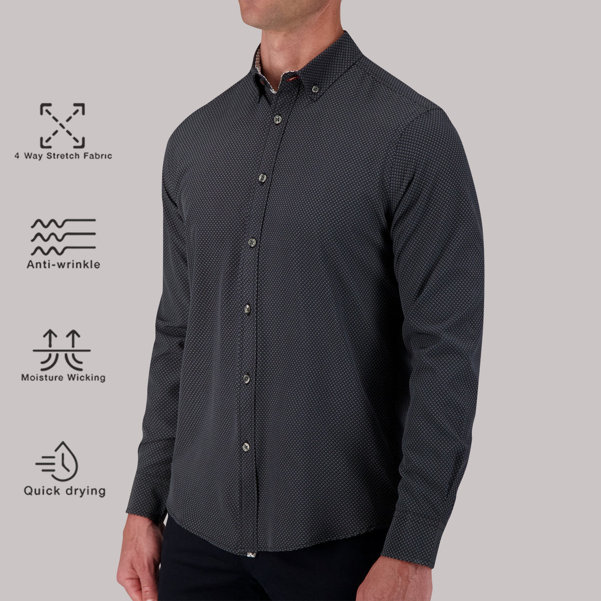 Model Side View of Long Sleeve 4-Way Sport Shirt with Geo Dots Print in Black with description of material being 4 way stretch fabric, anti-wrinkle, moisture wicking and quick drying