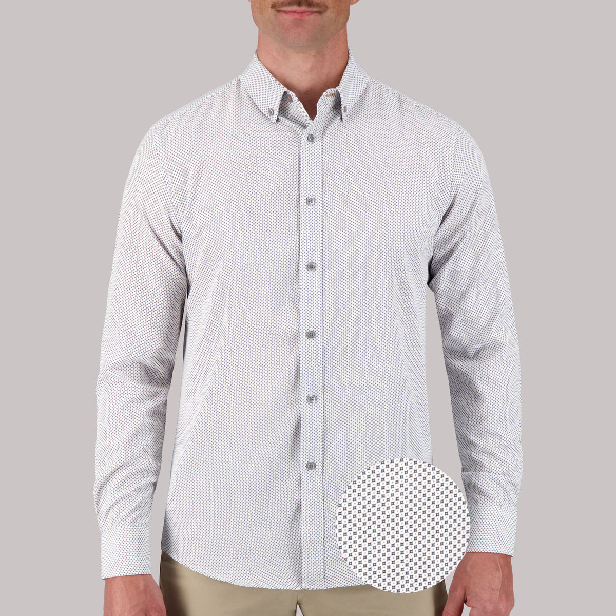 Model Front View of Long Sleeve 4-Way Sport Shirt with Geometric Print in White with magnified view of material and print