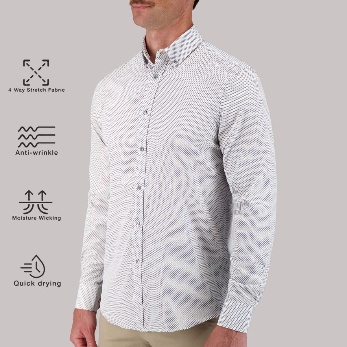 Model Side View of Long Sleeve 4-Way Sport Shirt with Geometric Print in White with description of material being 4 way stretch fabric, anti-wrinkle, moisture wicking and quick drying