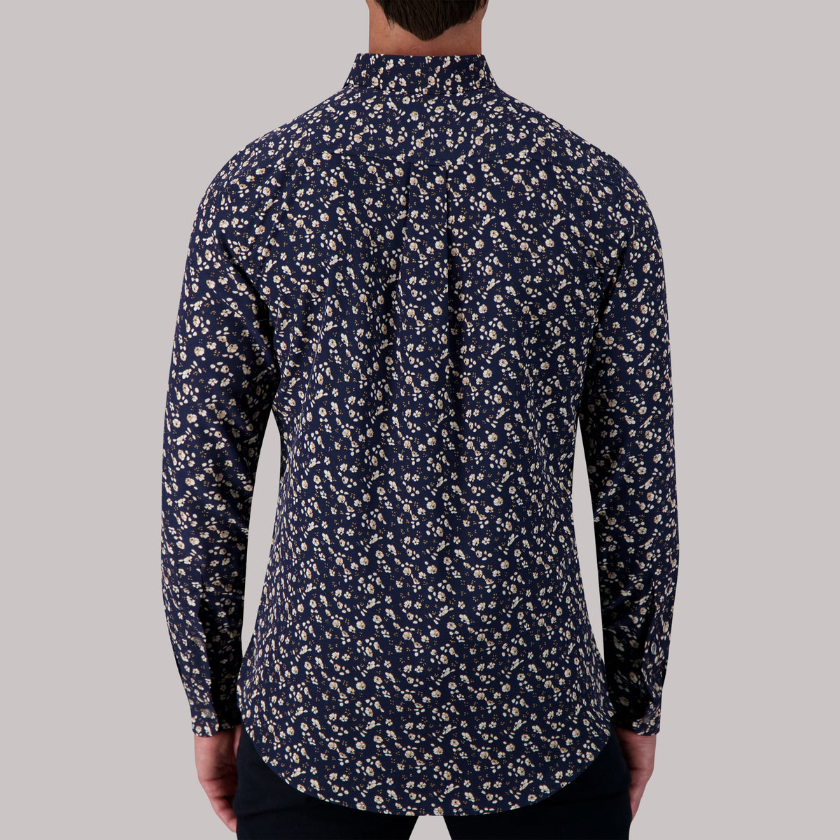 Model Back View of Long Sleeve 4-Way Sport Shirt with Floral Print in Navy