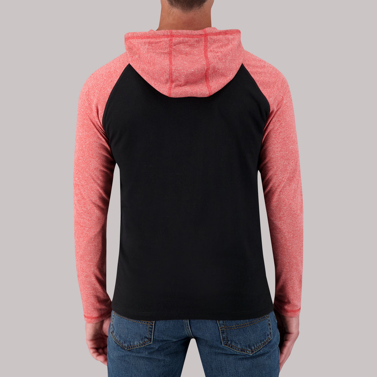 Model Back View of Recycled Two-Tone Hoodie in Red