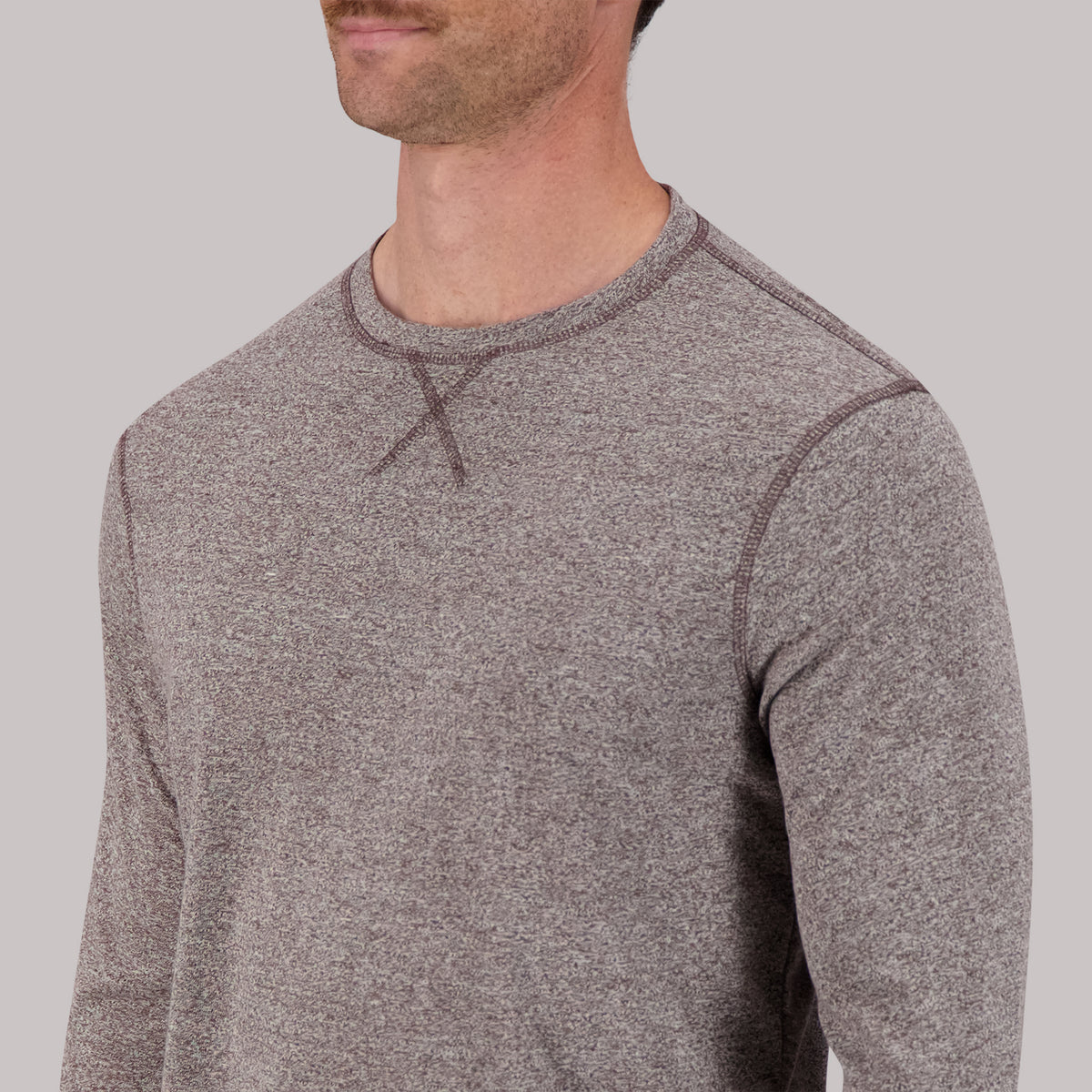 Model Front Up Close View of Recycled Long Sleeve Crew Neck in Truffle