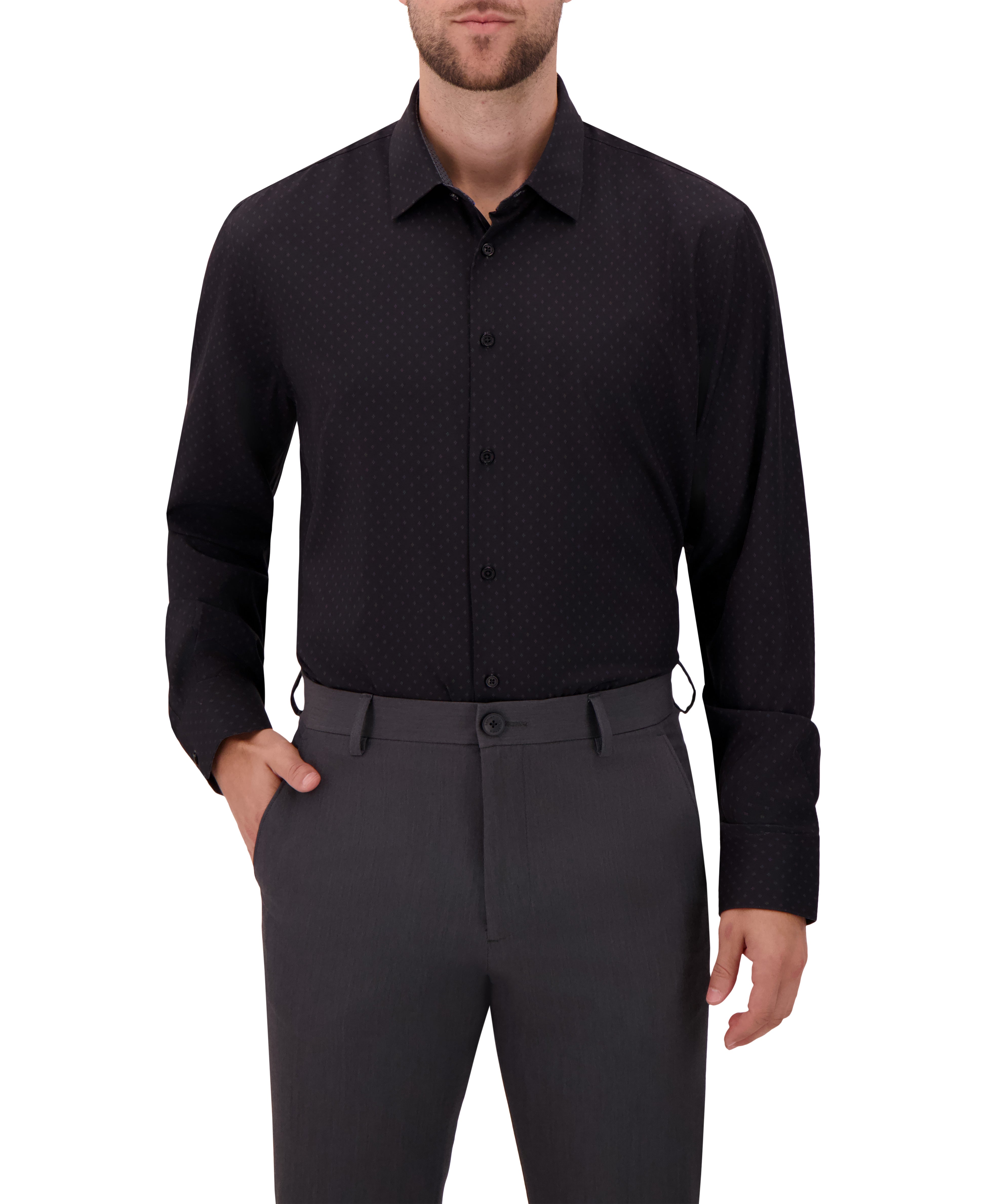 Mens Long Sleeve Tonal Geo Print 4-Way Stretch Dress Shirt Mens Long Sleeve Tonal Geo Print 4-Way Stretch Dress Shirt
