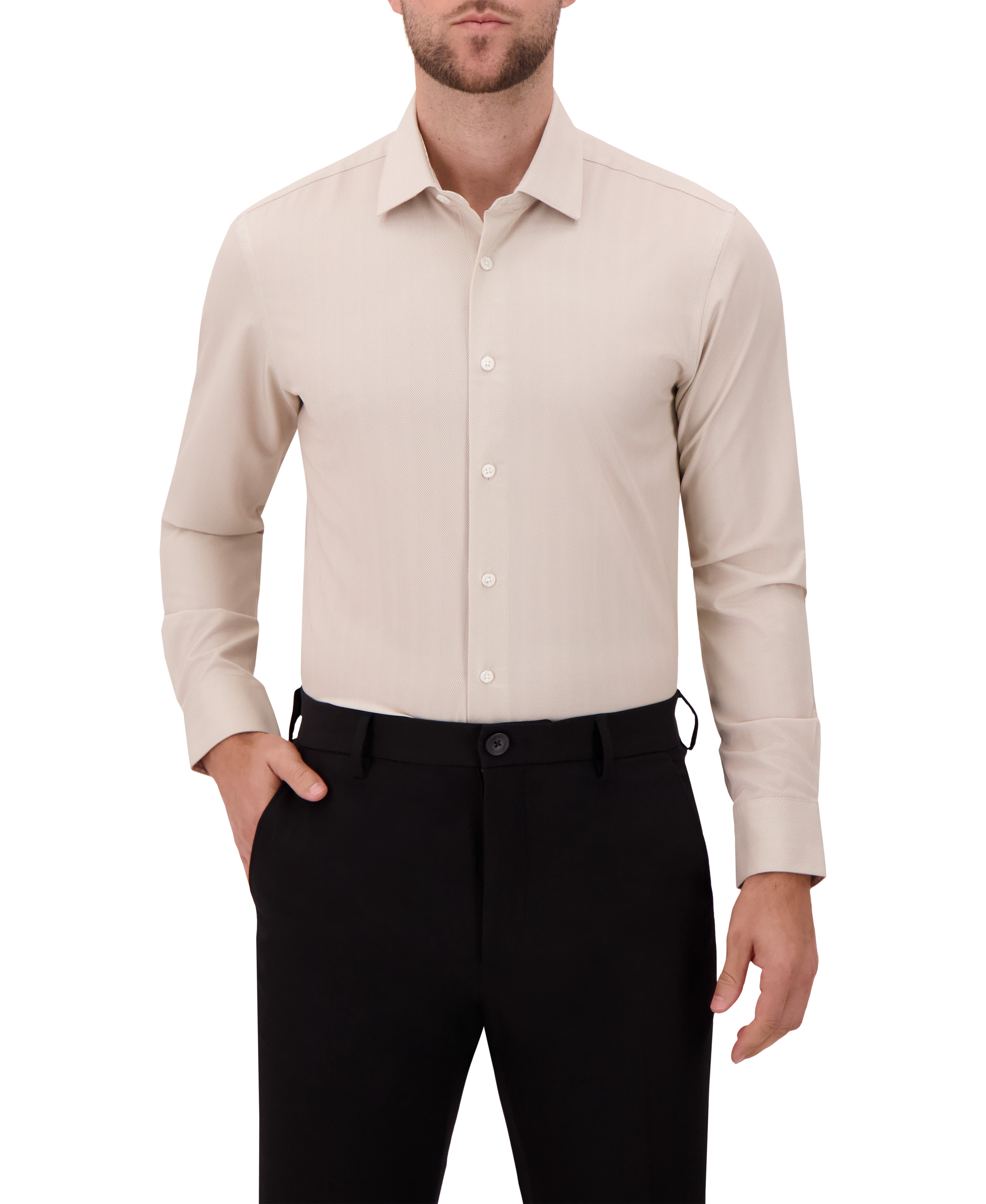 Report Men's 4-Way Solid Woven Dress Shirt - Ivory