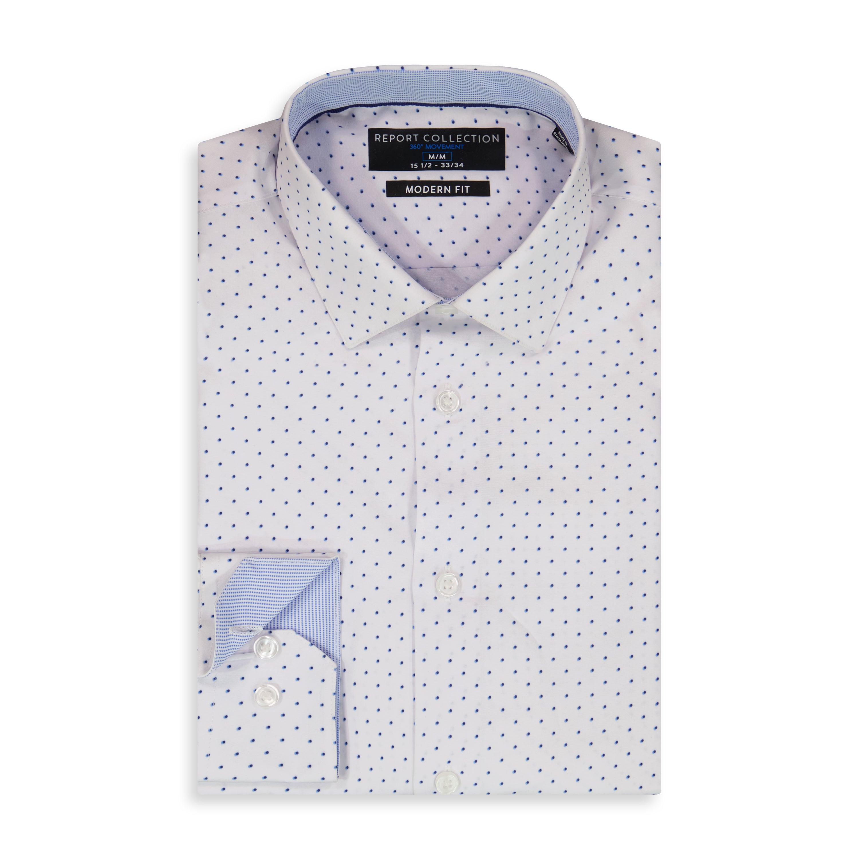 Report Men's Long Sleeve 4-Way Dot Print Dress Shirt - White