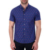Model Front View of Short Sleeve Shirt with Flamingo Print in Navy
