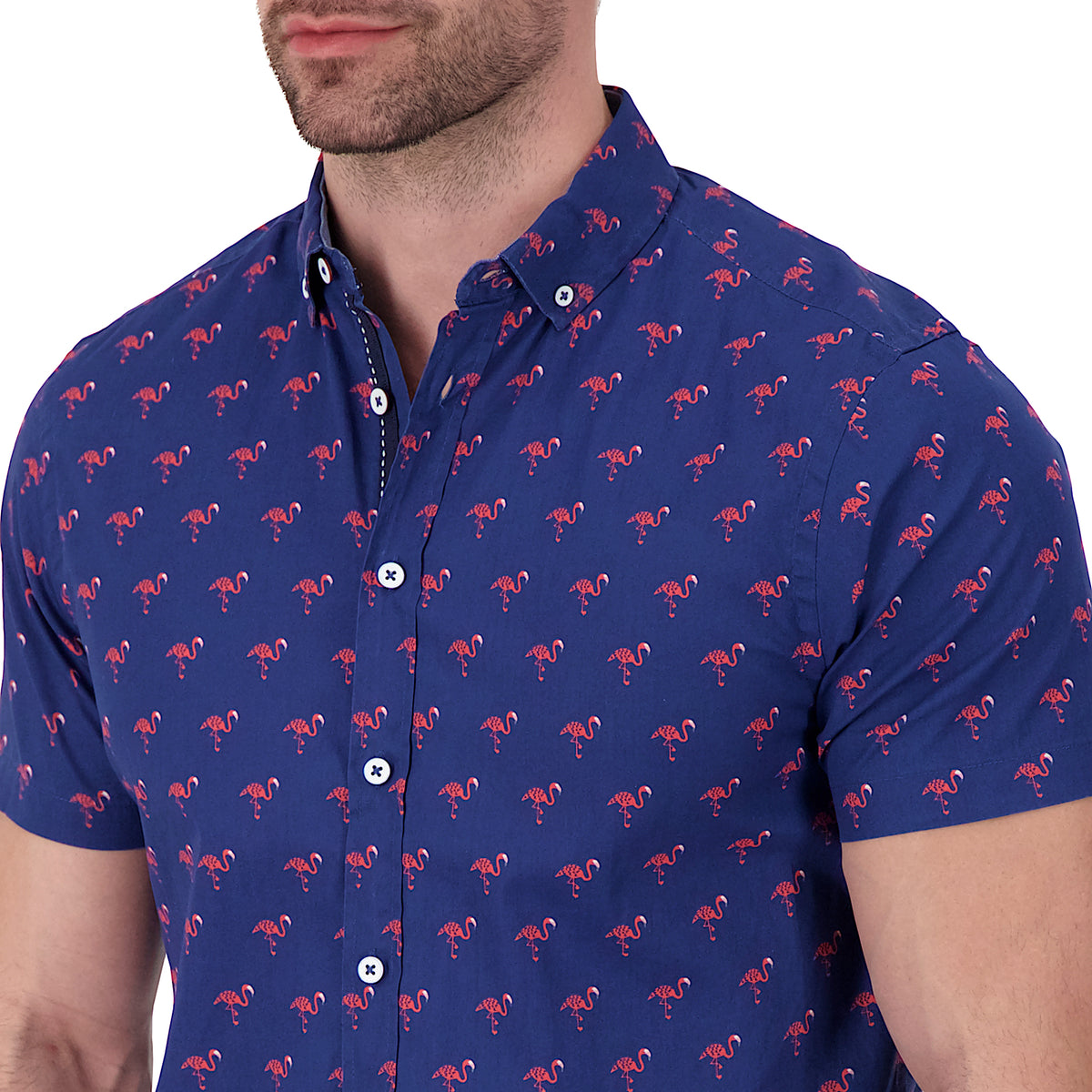 Model Front Close Up View of Short Sleeve Shirt with Flamingo Print in Navy