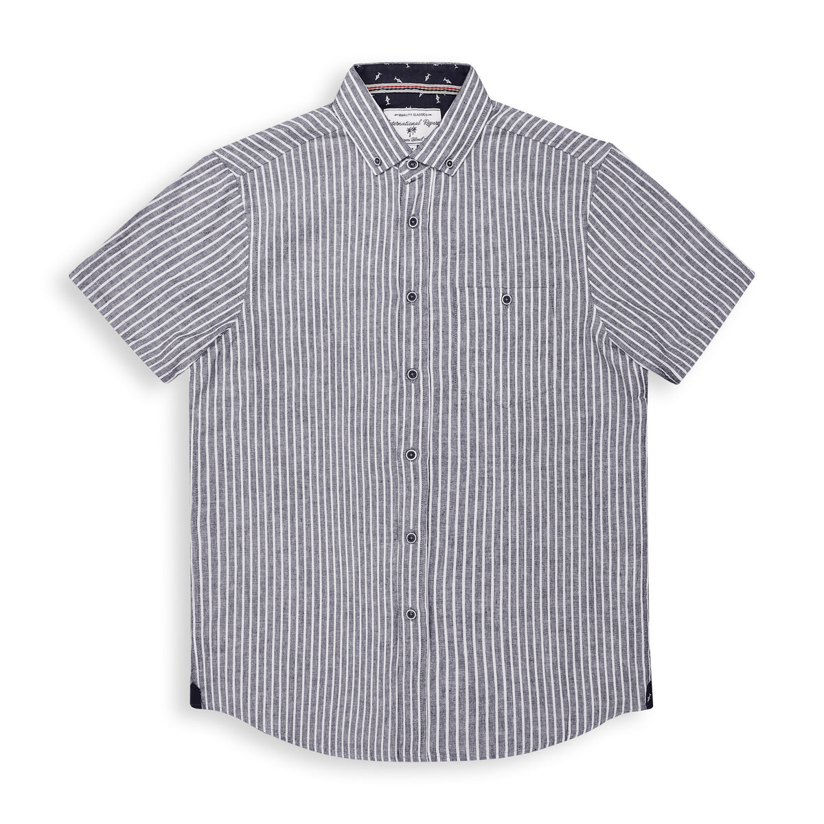 Front View of Short Sleeve Linen Blend Shirt with Stripes in Navy