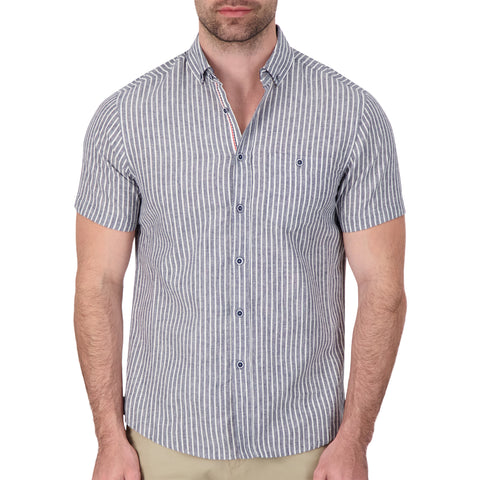 Model Front View of Short Sleeve Linen Blend Shirt with Stripes in Navy