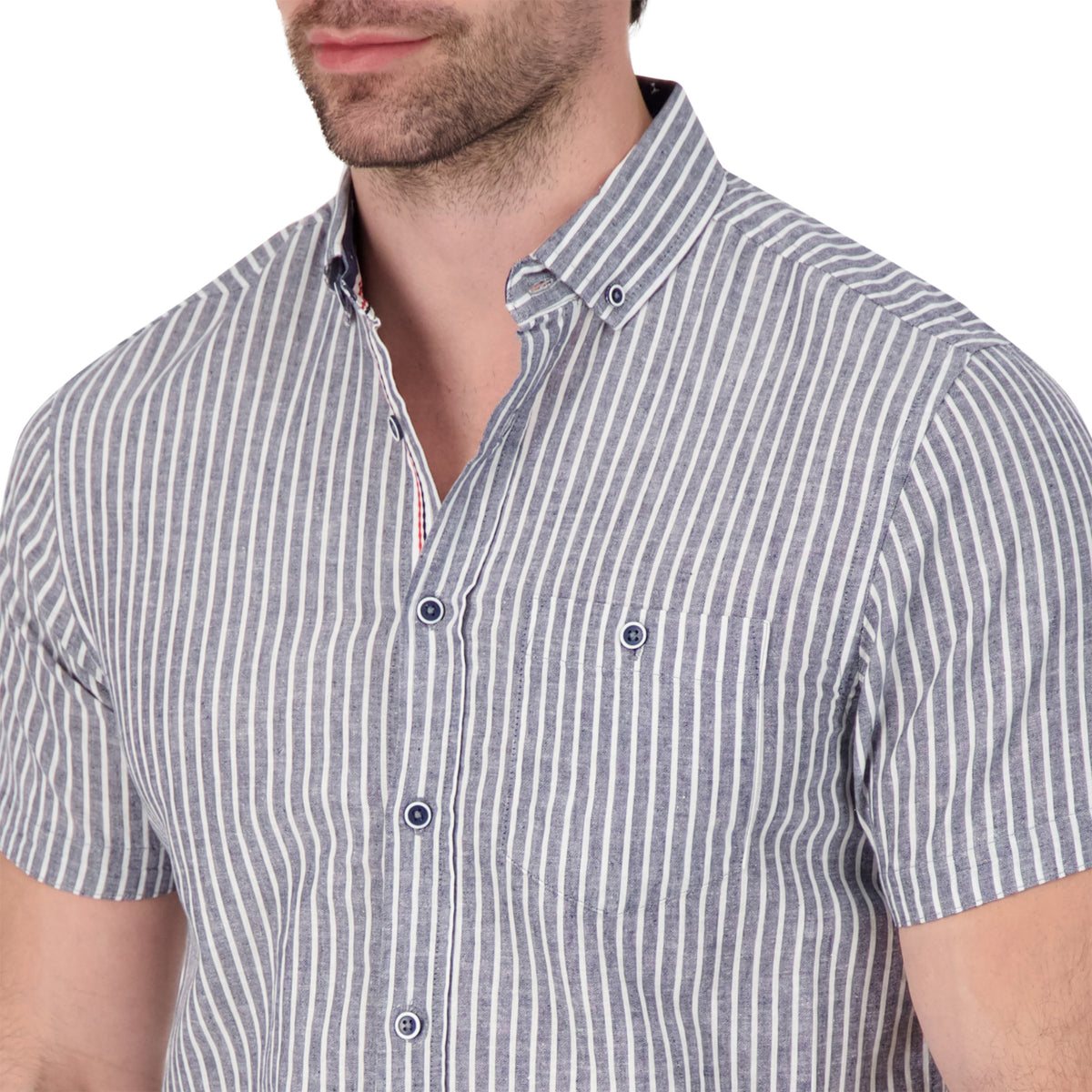 Model Front Up Close View of Short Sleeve Linen Blend Shirt with Stripes in Navy