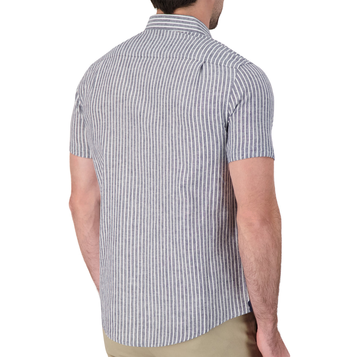 Model Back View of Short Sleeve Linen Blend Shirt with Stripes in Navy