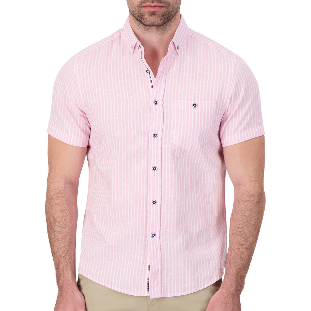 Model Front View of Short Sleeve Linen Blend Shirt with Stripes in Pink
