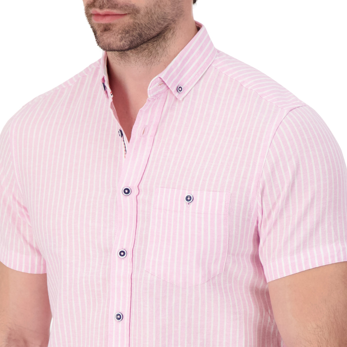 Model Front Up Close View of Short Sleeve Linen Blend Shirt with Stripes in Pink