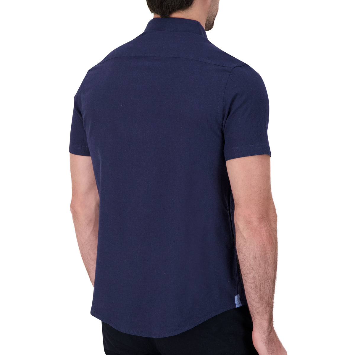Model Back View of Short Sleeve Linen Blend Shirt in Navy