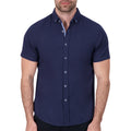 Model Front View of Short Sleeve Linen Blend Shirt in Navy