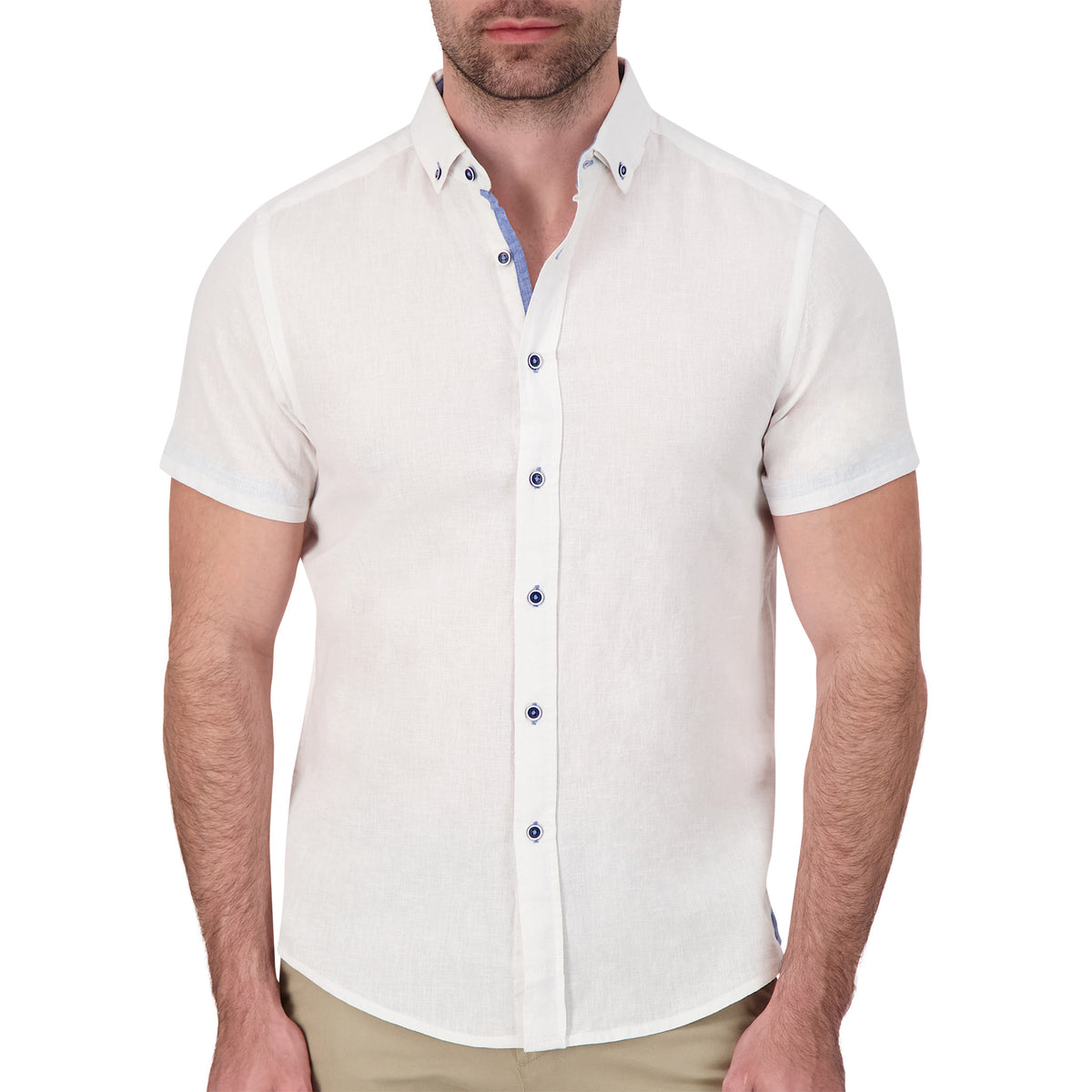 Model Front View of Short Sleeve Linen Blend Shirt in White