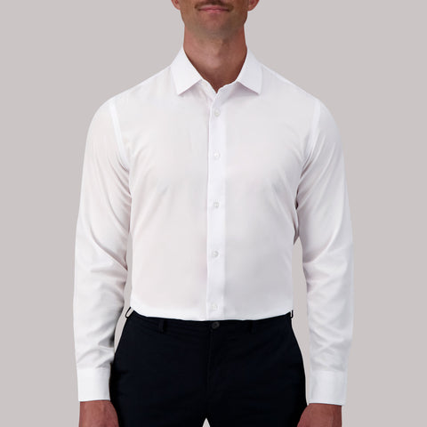 Model Front View of Long Sleeve 4-Way Stretch Dress Shirt in White