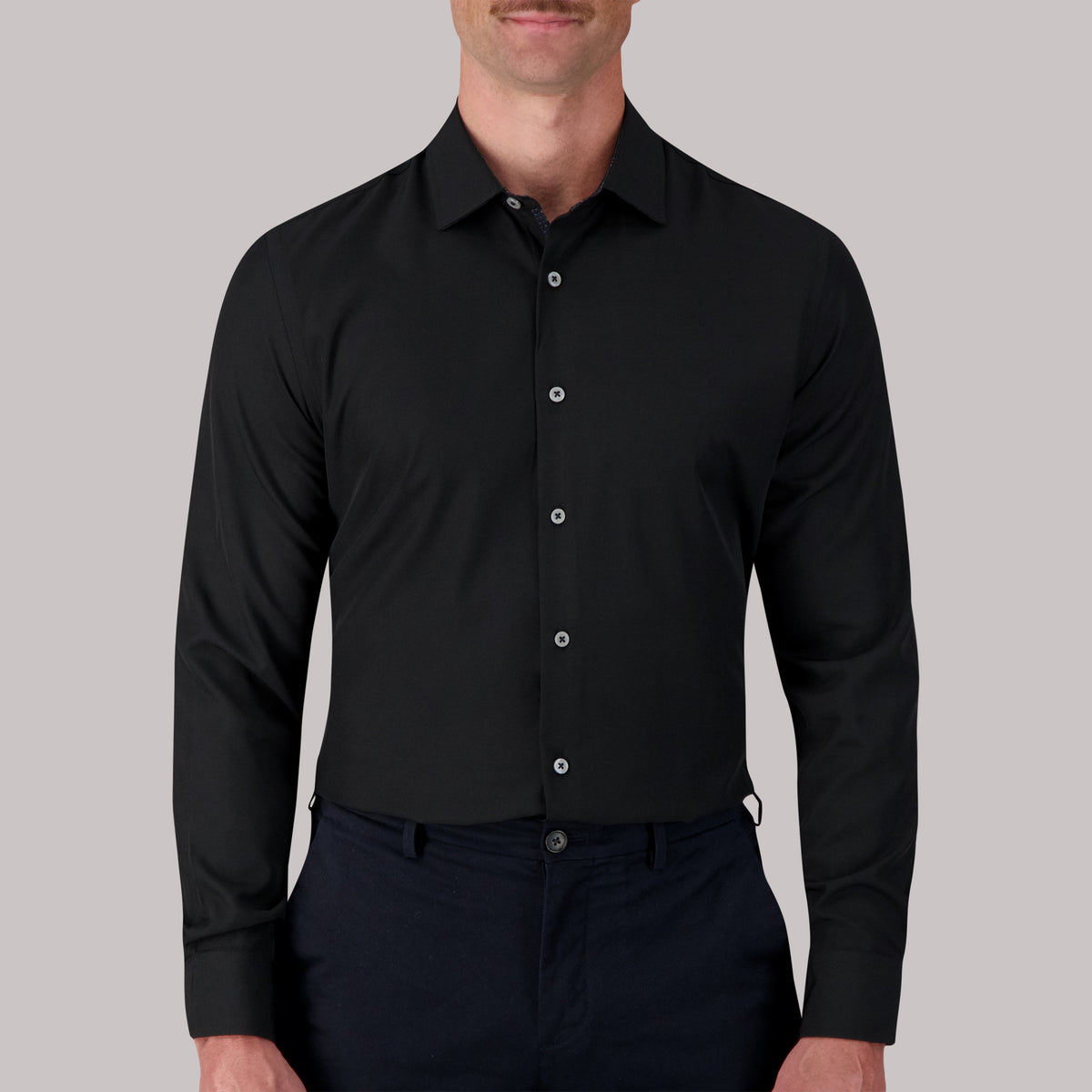Model Front View of Long Sleeve 4-Way Stretch Dress Shirt in Black