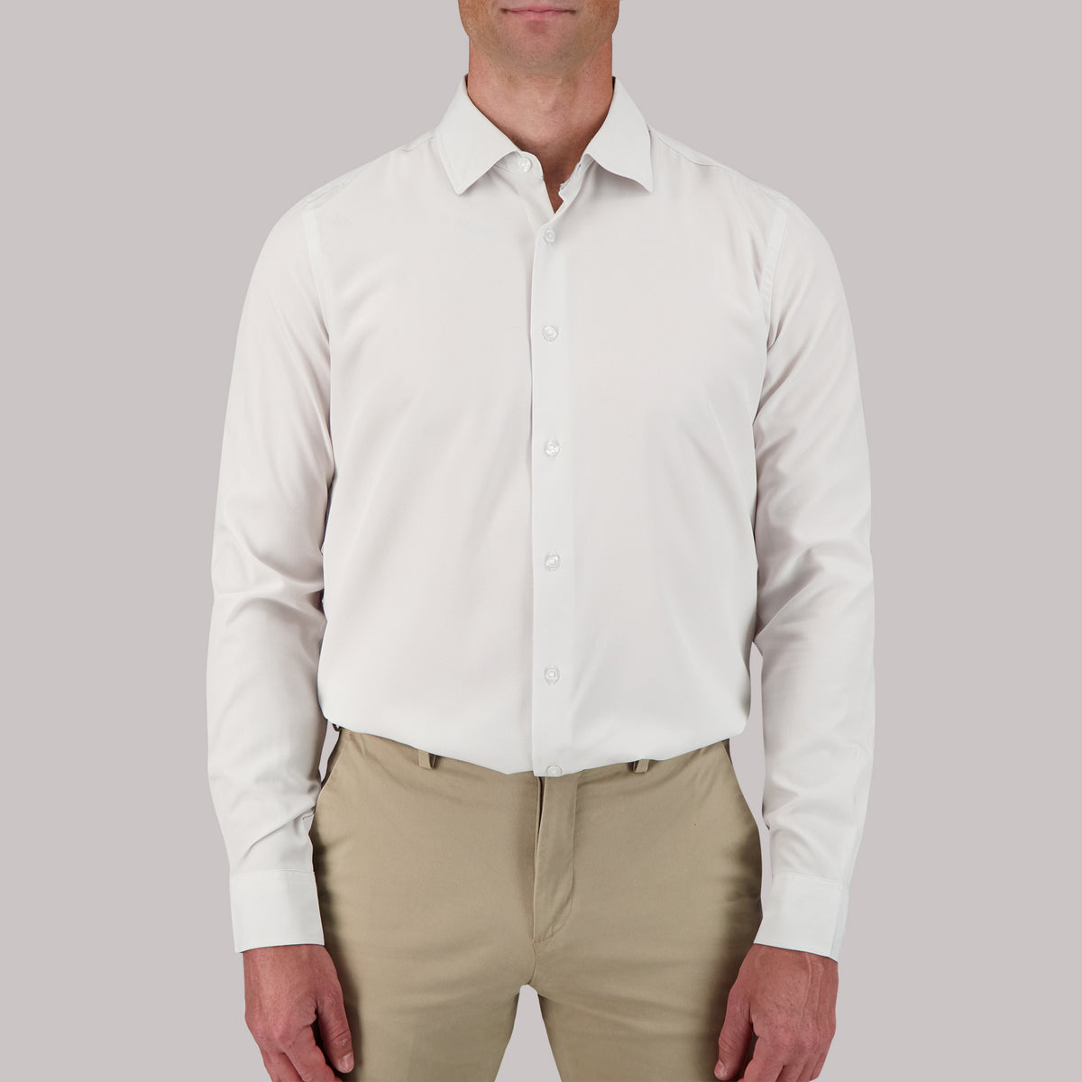 Model Front View of Long Sleeve 4-Way Dress Shirt with Square Print in White