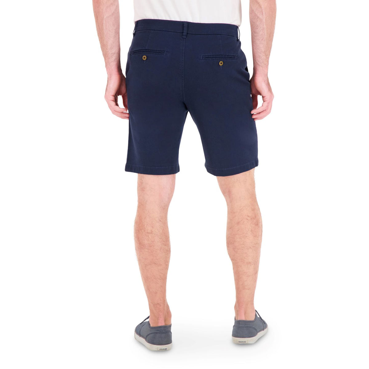 Model Back View of Cotton Stretch Chino Shorts in Navy