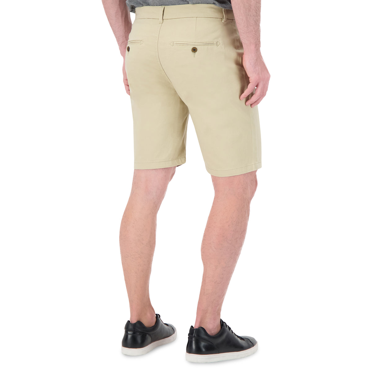 Model Back View of Cotton Stretch Chino Shorts in Camel
