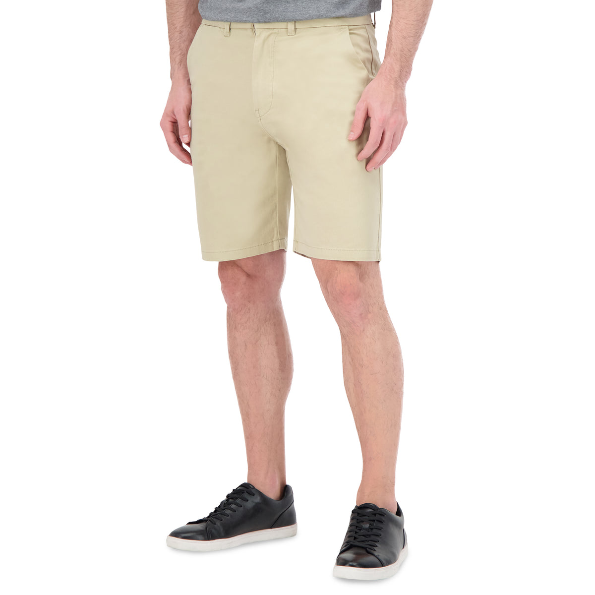 Model Side View of Cotton Stretch Chino Shorts in Camel
