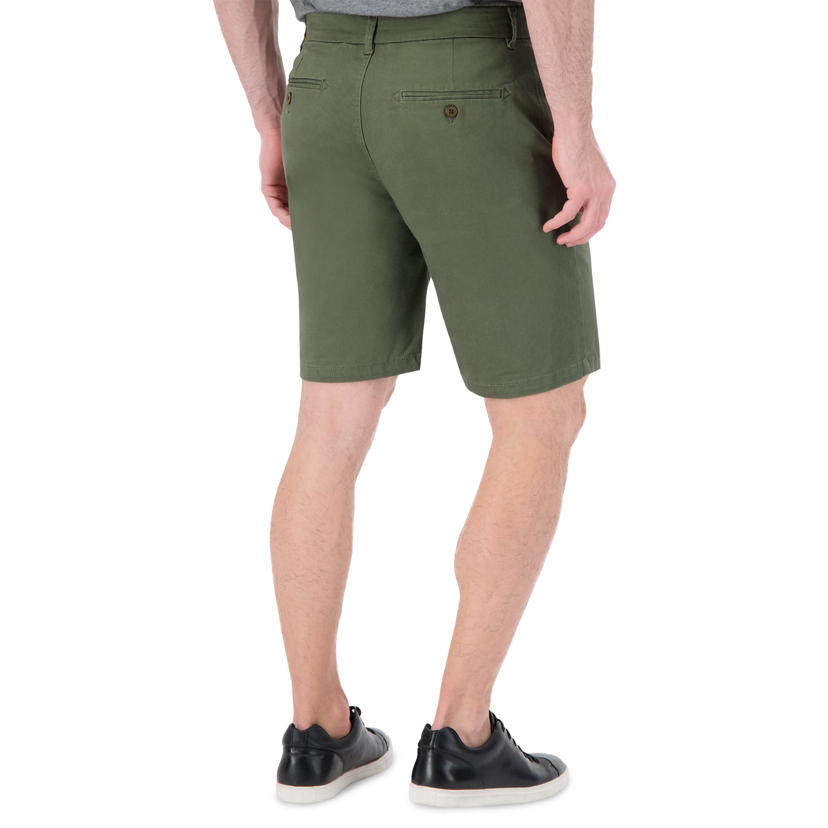 Model Back View of Cotton Stretch Chino Shorts in Green