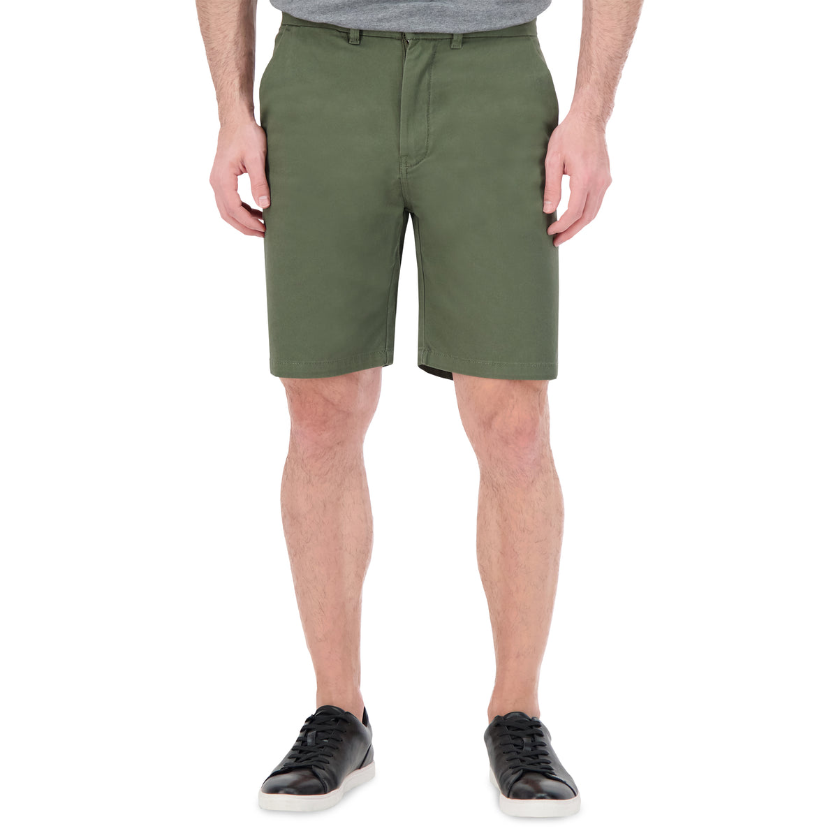 Model Front View of Cotton Stretch Chino Shorts in Green