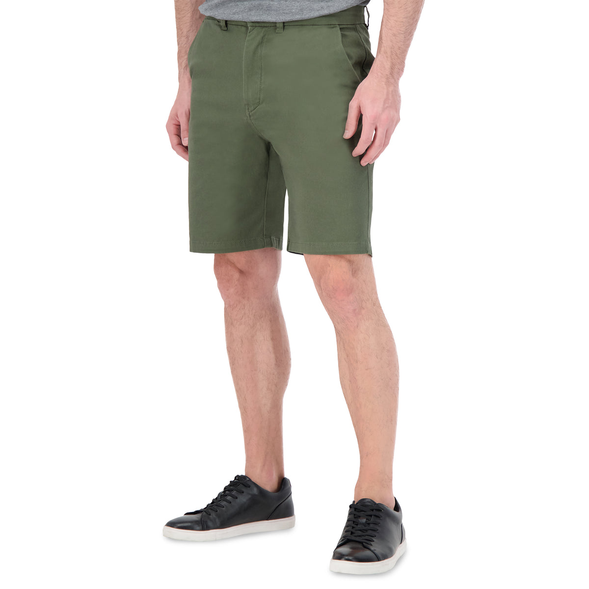 Model Side View of Cotton Stretch Chino Shorts in Green