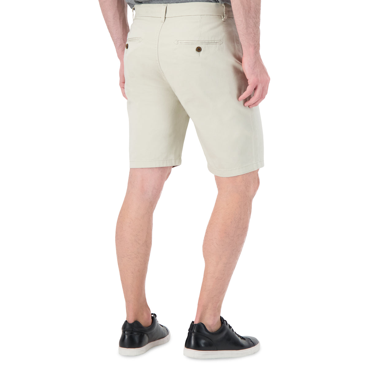 Model Back View Cotton Stretch Chino Shorts in Stone