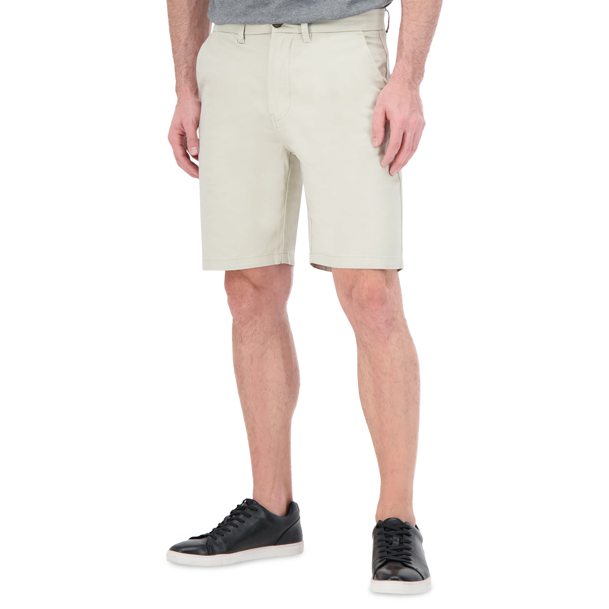 Model Side View of Cotton Stretch Chino Shorts in Stone