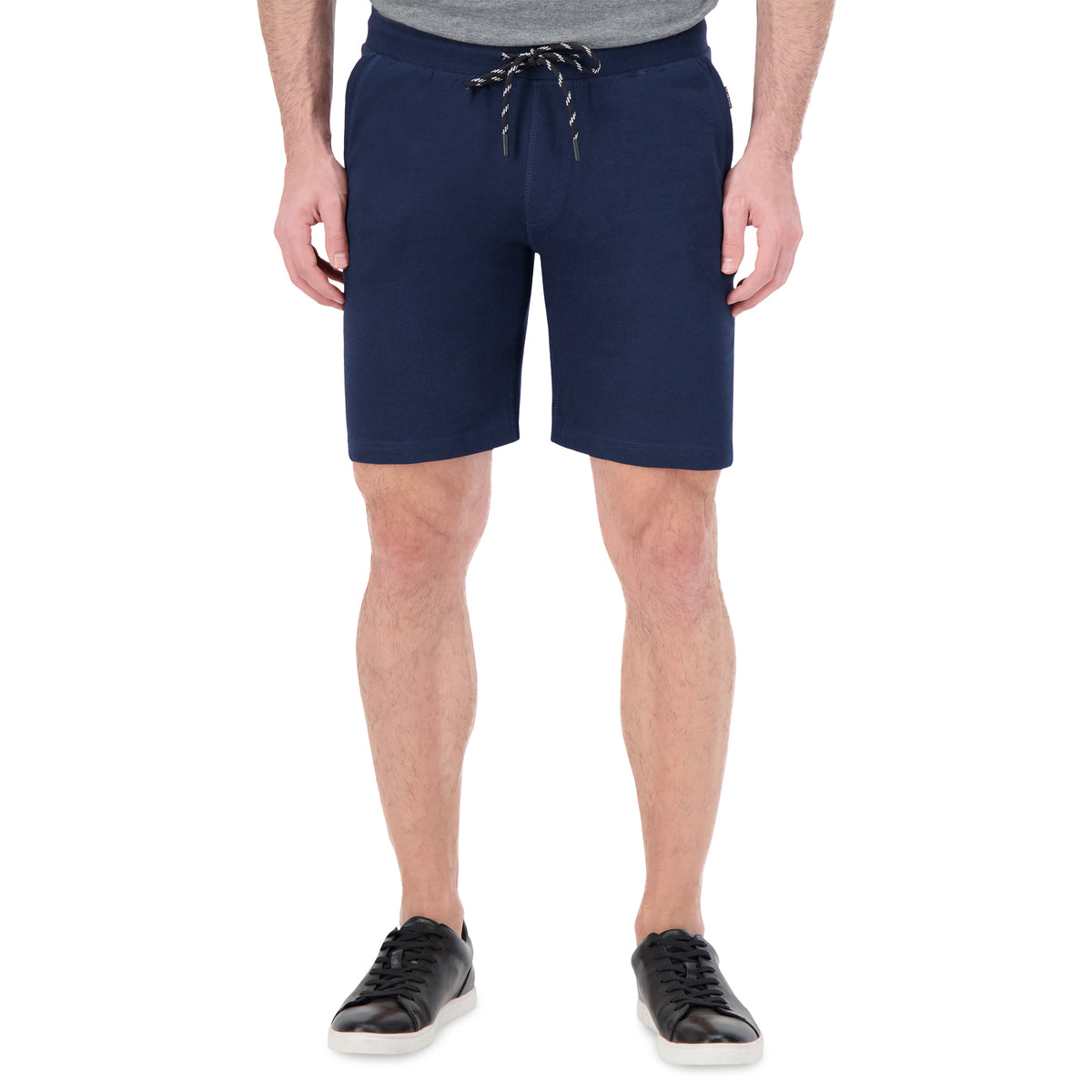 Model Front View of Drawcord Sweat Shorts in Navy