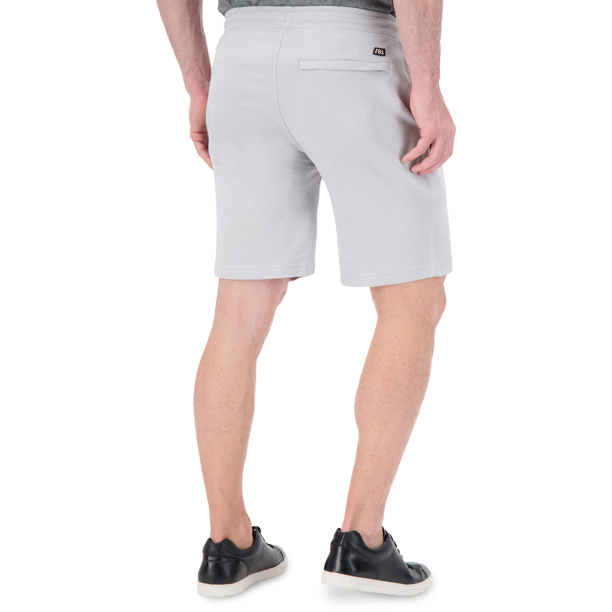 Model Back View of Drawcord Sweat Shorts in Grey