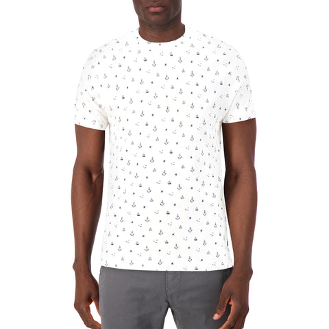 Model Front View of Short Sleeve Shirt with Nautical Print in White