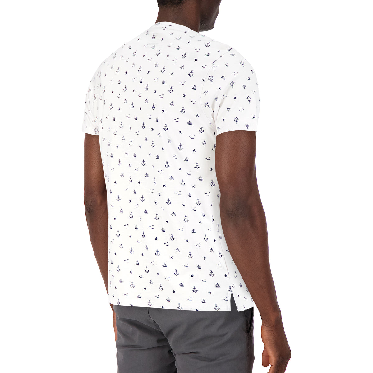 Model Back View of Short Sleeve Shirt with Nautical Print in White