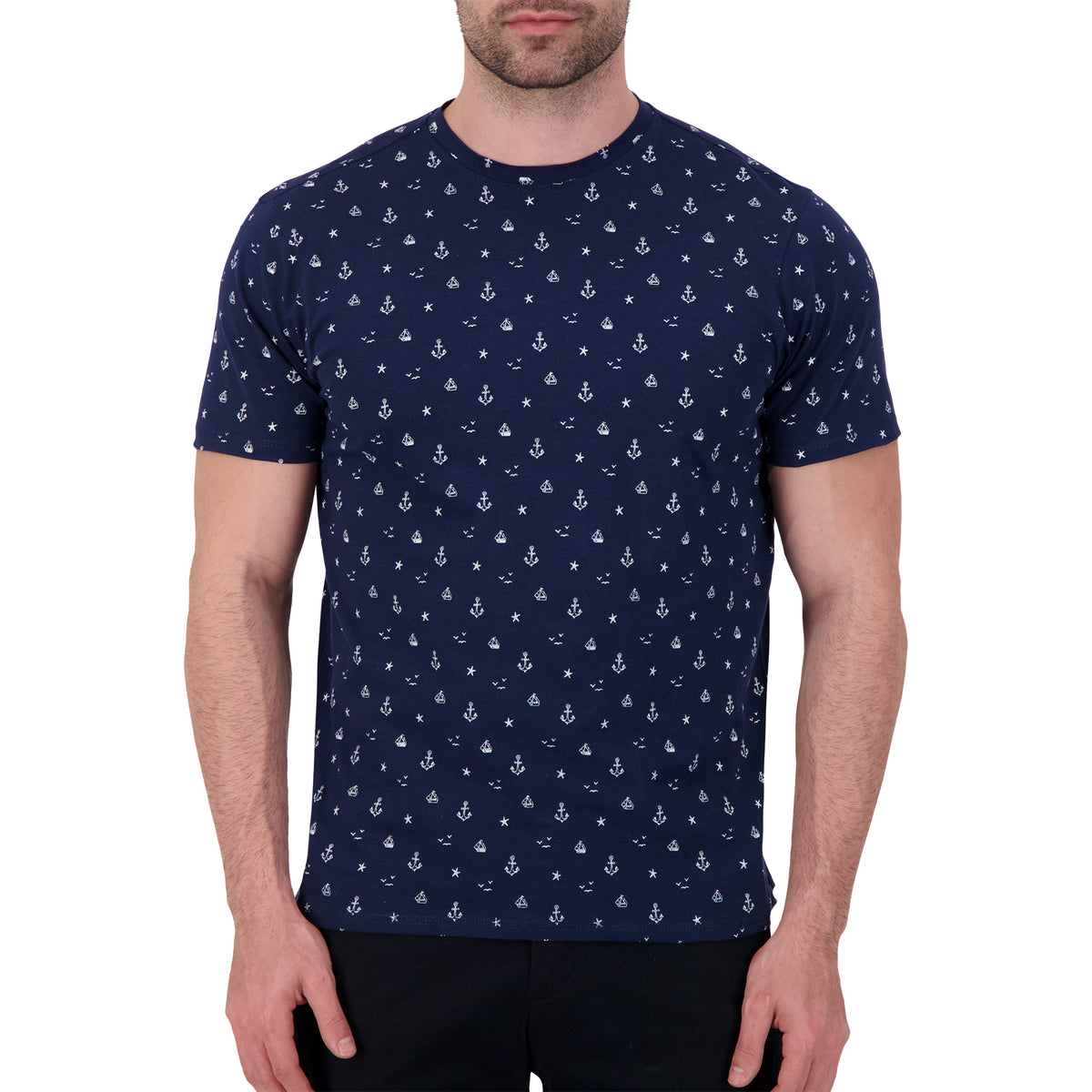 Model Front View of Short Sleeve Shirt with Nautical Print in Navy