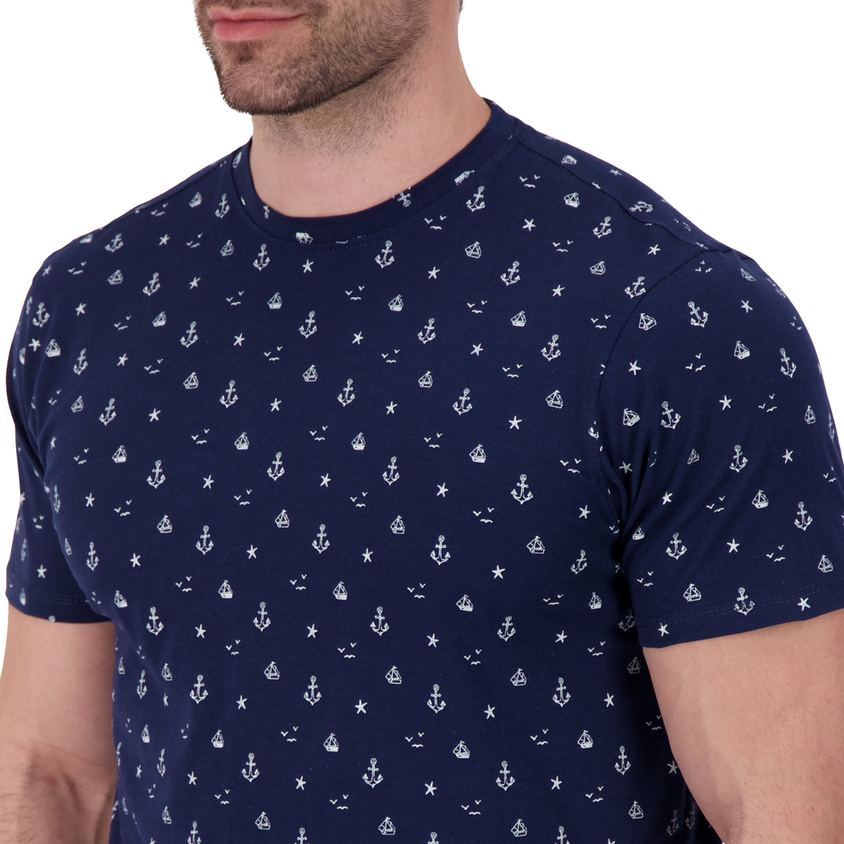 Model Front Close Up View of Short Sleeve Shirt with Nautical Print in Navy
