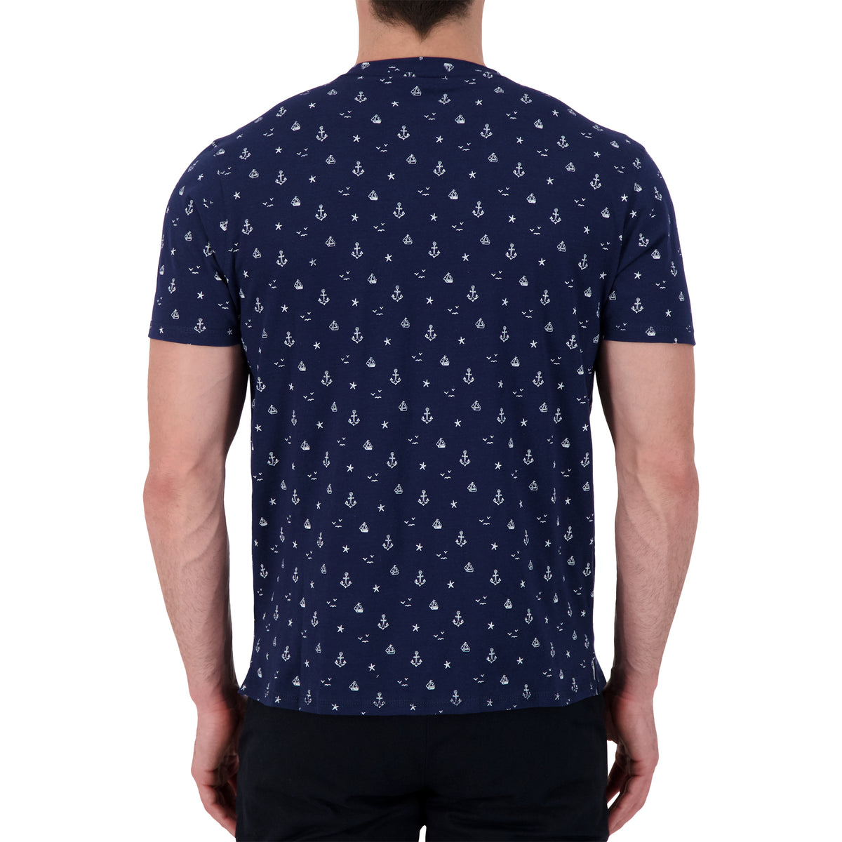 Model Back View of Short Sleeve Shirt with Nautical Print in Navy