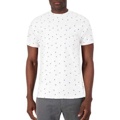 Model Front View of Short Sleeve Shirt with Palm Tree Print in White