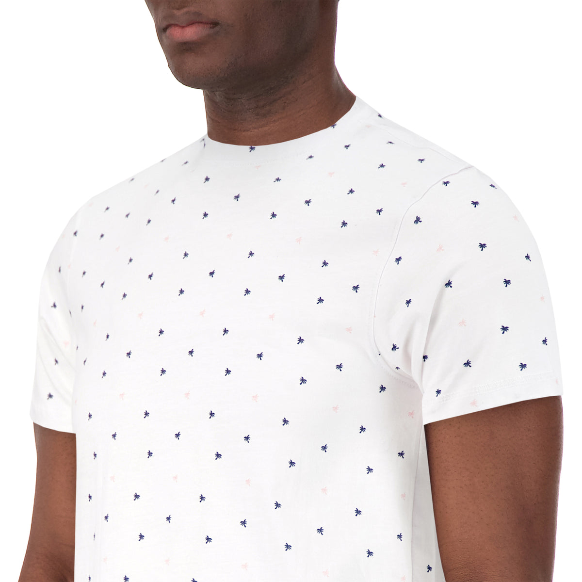 Model Front Close Up View of Short Sleeve Shirt with Palm Tree Print in White