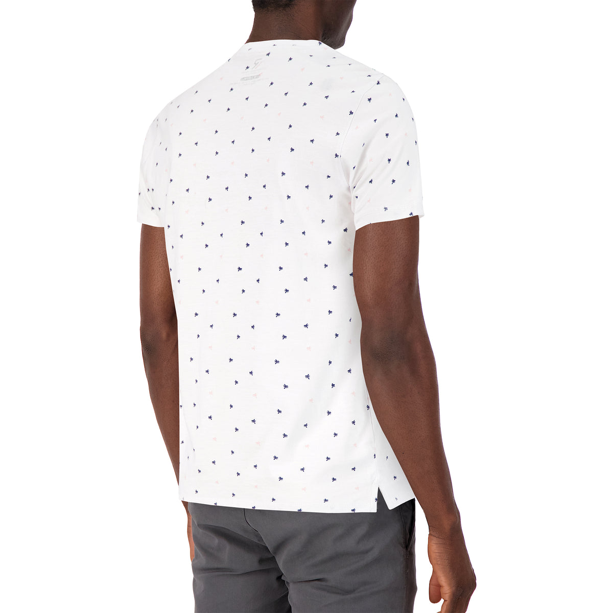 Model Back View of Short Sleeve Shirt with Palm Tree Print in White