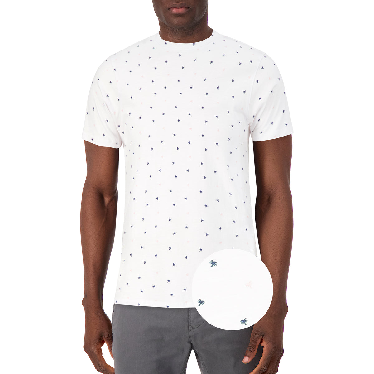 Model Front View of Short Sleeve Shirt with Palm Tree Print in White with magnified view of material and print