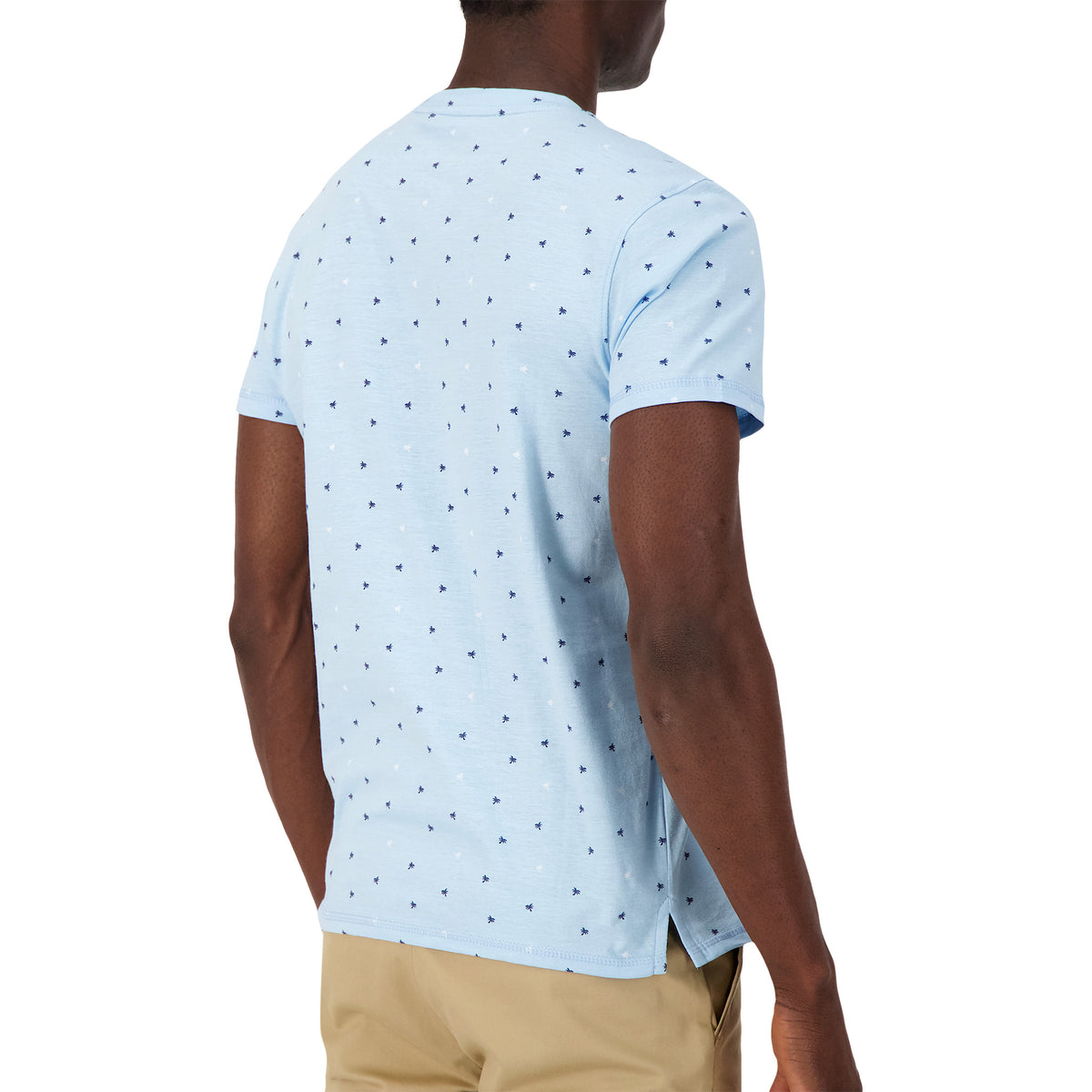 Model Back View of Short Sleeve Shirt with Palm Tree Print in Blue