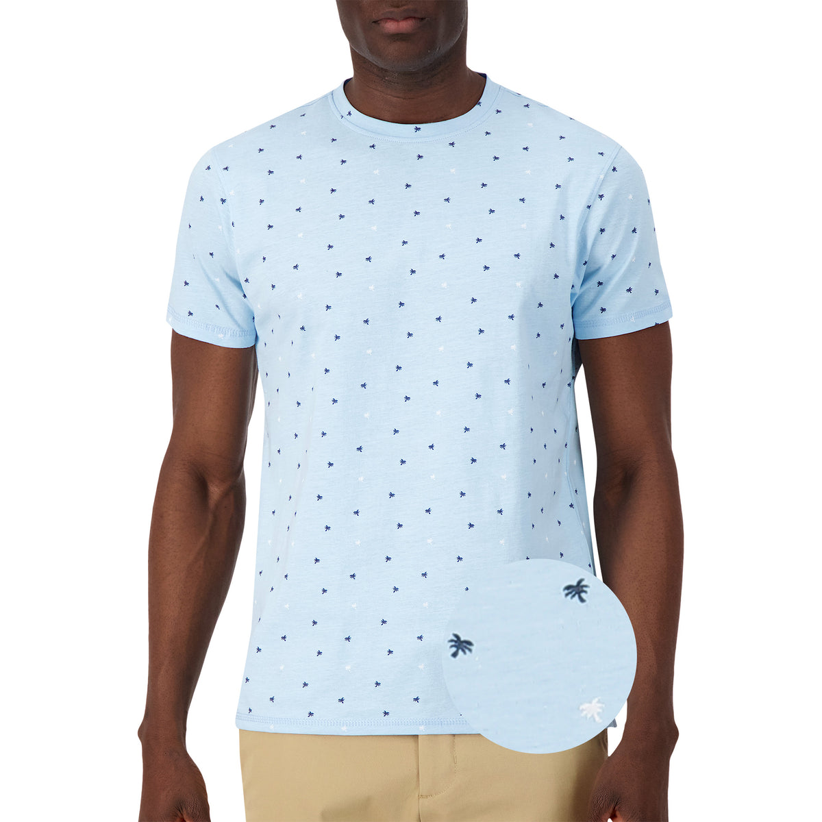 Model Front View of Short Sleeve Shirt with Palm Tree Print in Blue with magnified view of material and print