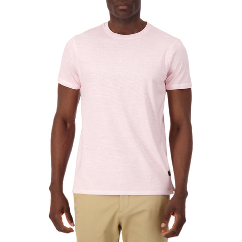 Model Front View of Short Sleeve Shirt with Mini Stripes Print in Pink