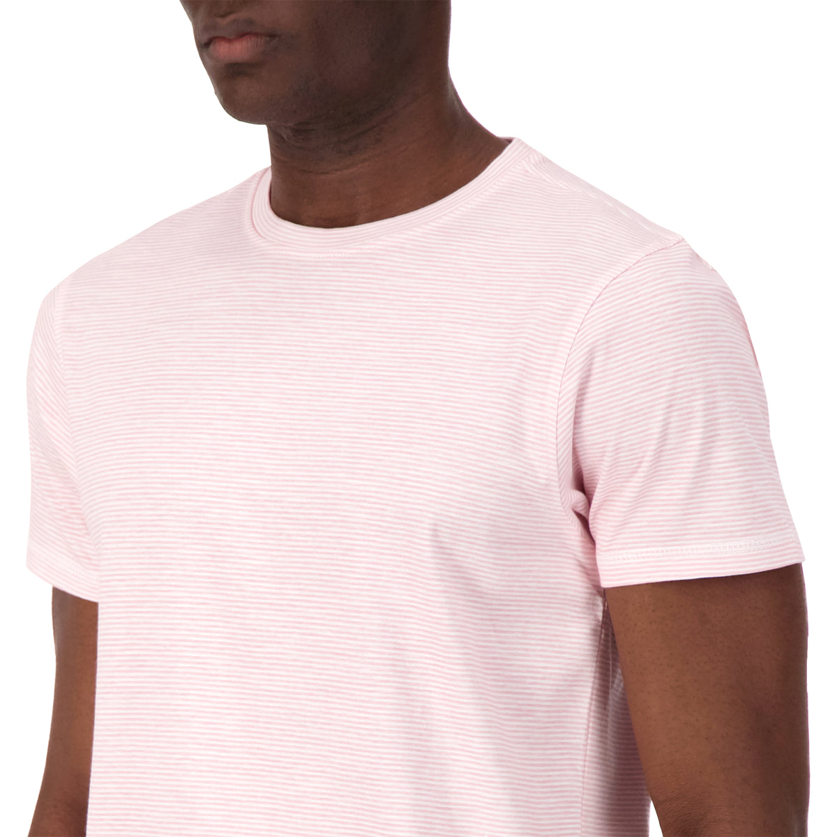 Model Front Close Up View of Short Sleeve Shirt with Mini Stripes Print in Pink