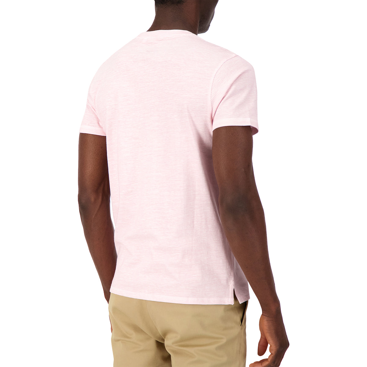 Model Back View of Short Sleeve Shirt with Mini Stripes Print in Pink