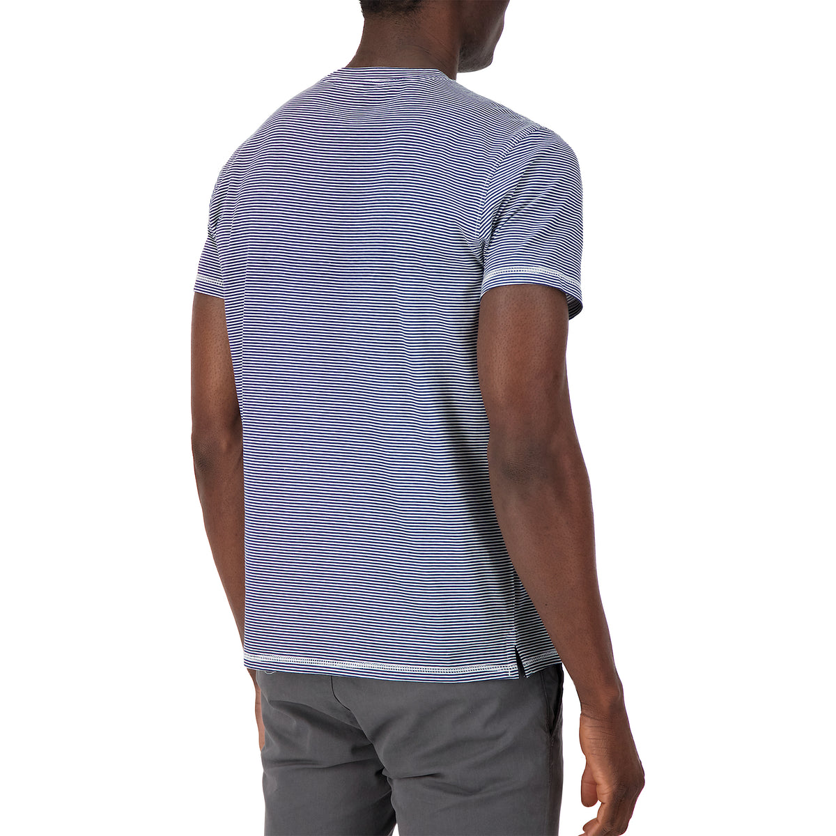 Model Back View of Short Sleeve Shirt with Mini Stripes Print in Navy
